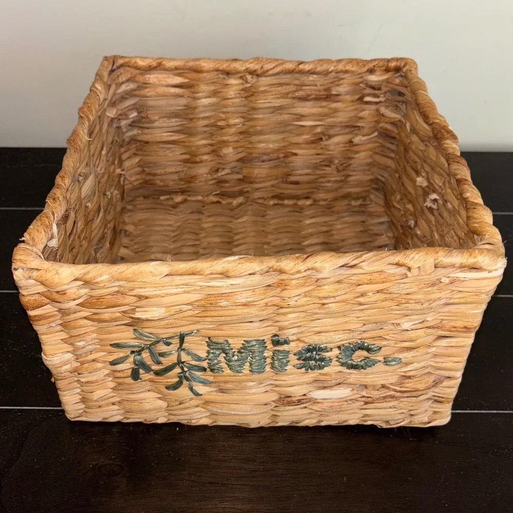 Natural Woven Storage Basket |‎ Embroidered Misc Label | Rustic Home Decor